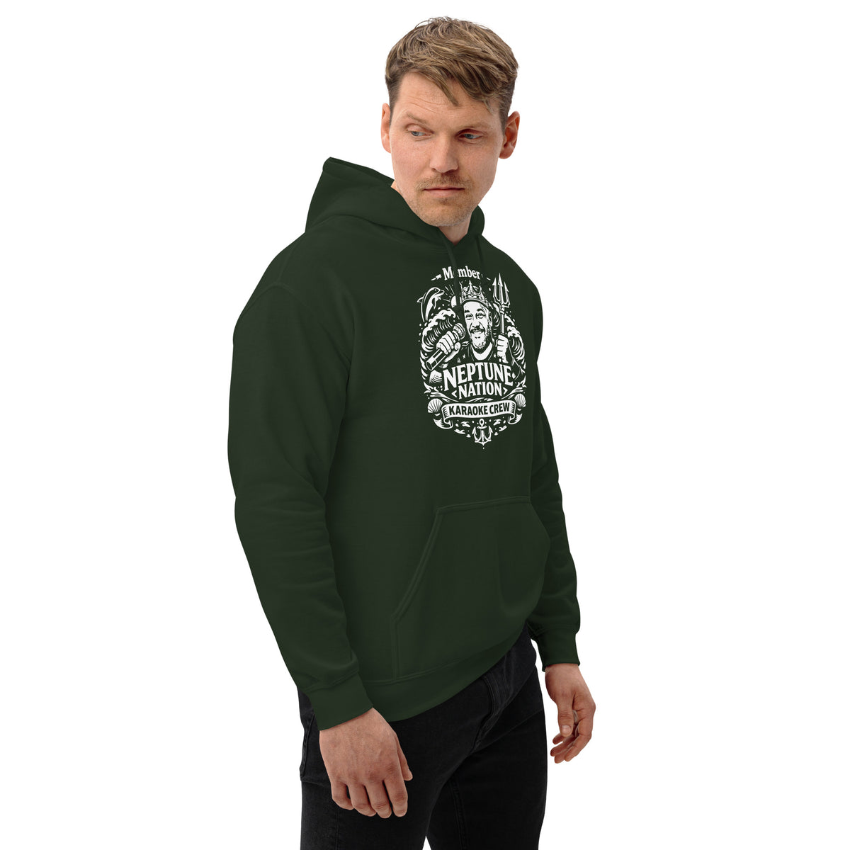 Forest Green pullover hoodie, right-front angled view, featuring KJ Neptune's Neptune Nation nautical microphone and trident badge.