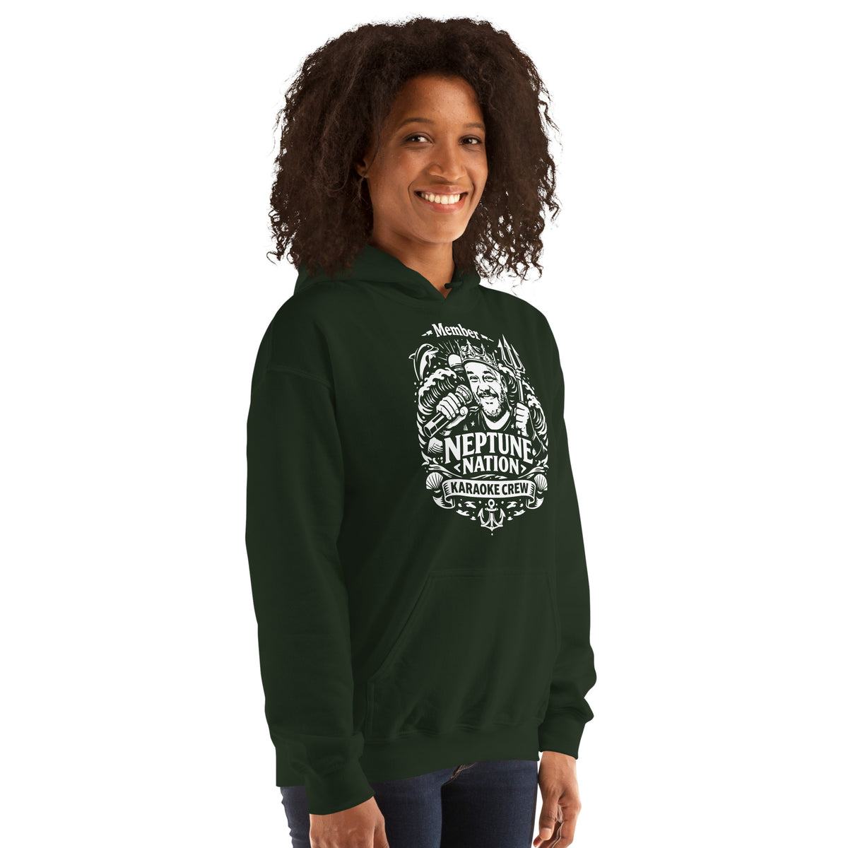 Forest Green pullover hoodie, right-front angled view, featuring KJ Neptune's Neptune Nation nautical microphone and trident badge.