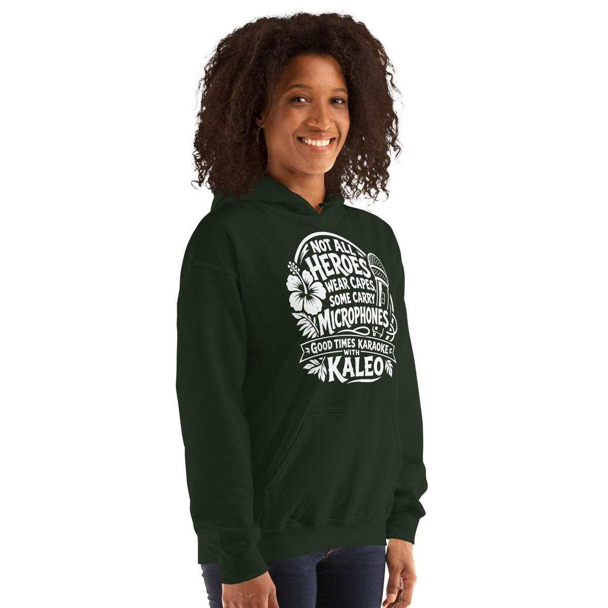 Forest Green pullover hoodie, right-front angled view, featuring Kaleo's Karaoke Heroes 'Not All Heroes Wear Capes, Some Carry Microphones' graphic.