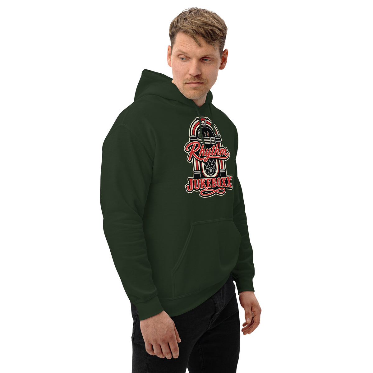 Forest Green pullover hoodie, right-front angled view, featuring Rhythm Jukeboxx red-and-cream retro jukebox graphic.