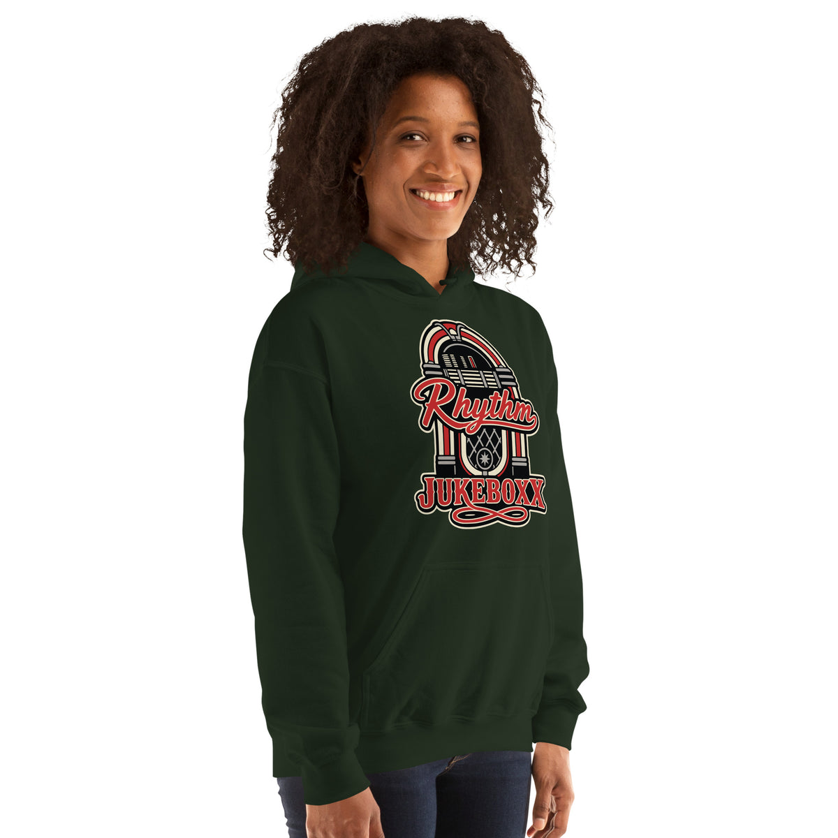 Forest Green pullover hoodie, right-front angled view, featuring Rhythm Jukeboxx red-and-cream retro jukebox graphic.