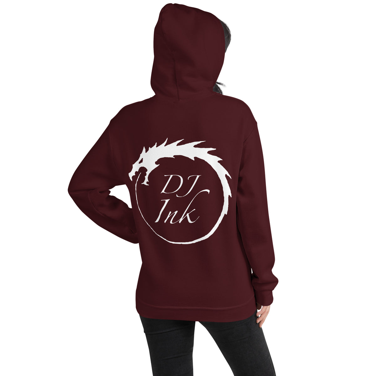 Maroon pullover hoodie, back view, for the DJ Ink white Ouroboros dragon-circle logo.