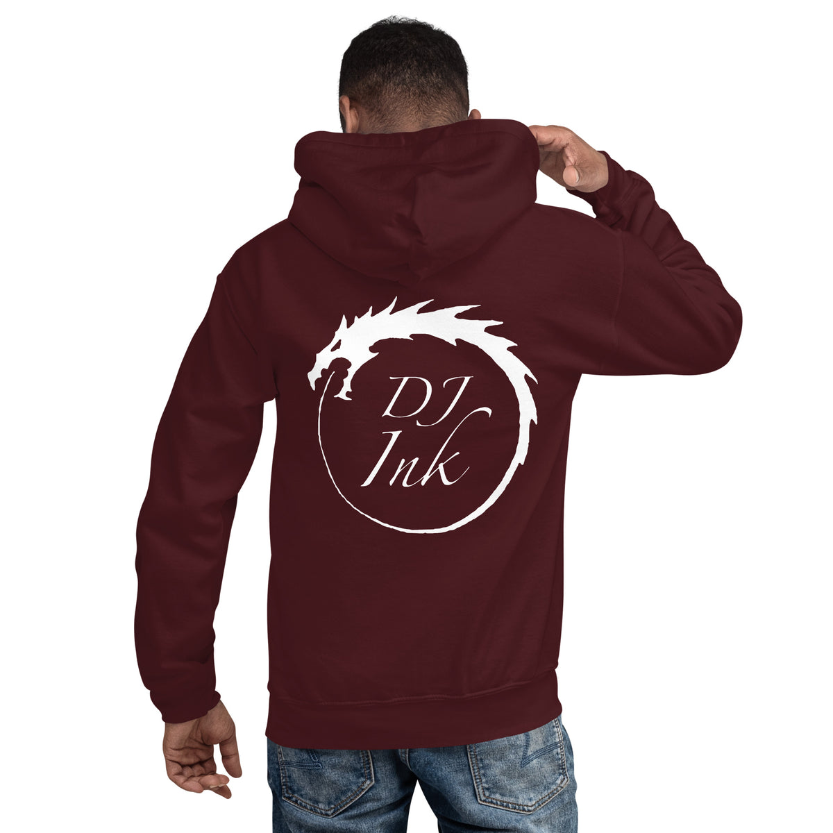 Maroon pullover hoodie, back view, for the DJ Ink white Ouroboros dragon-circle logo.