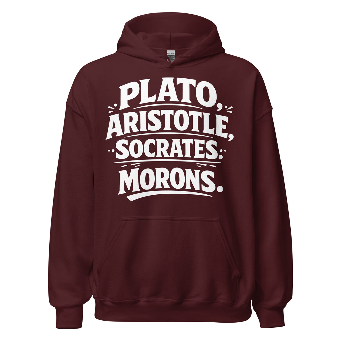 Maroon pullover hoodie, front view, featuring the Classical Thinkers design