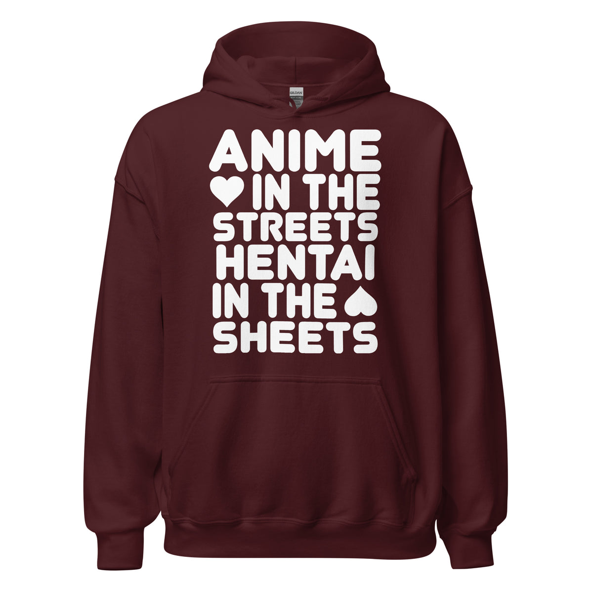 Maroon pullover hoodie, front view, featuring the Anime in the Streets / Hentai in the Sheets Hoodie design