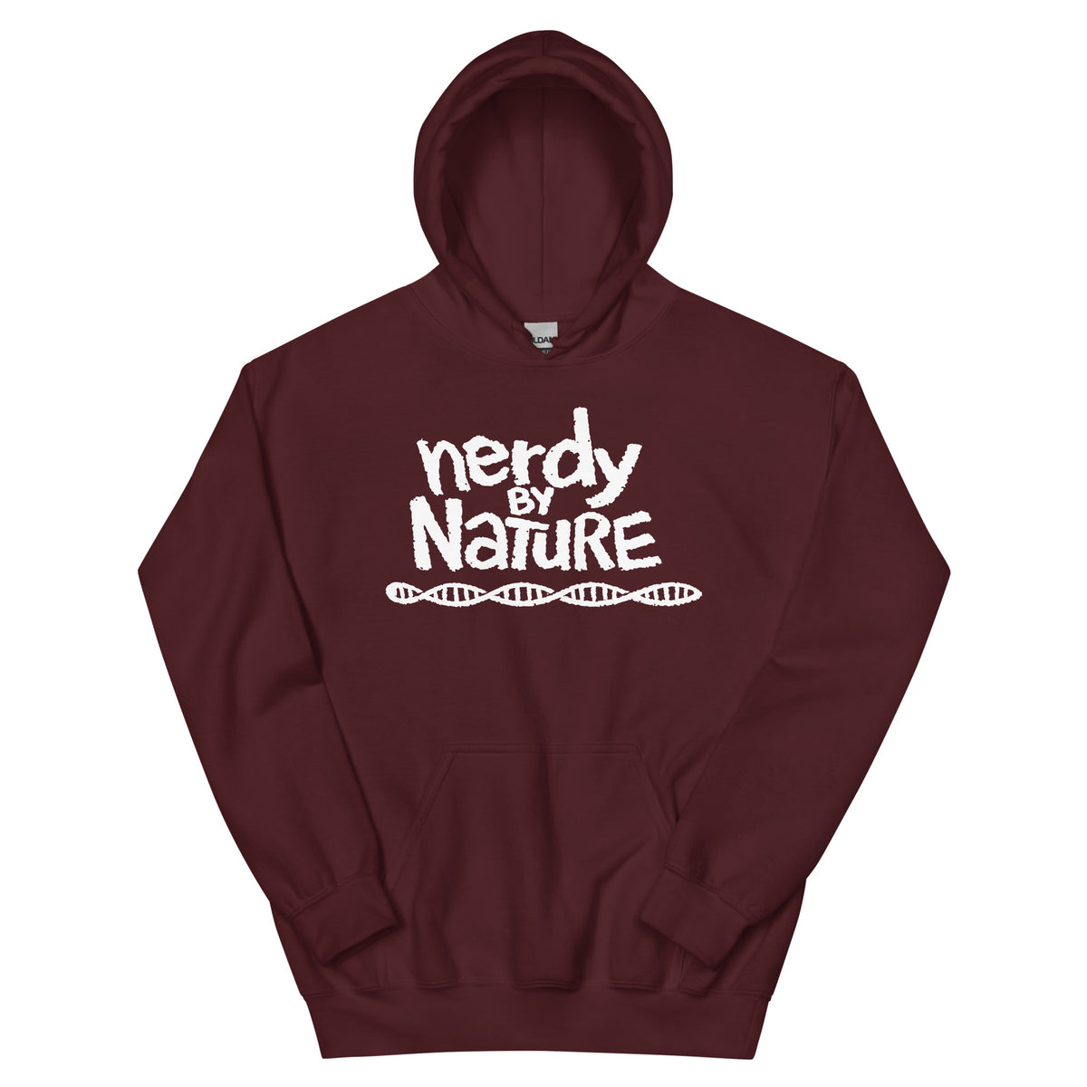 Maroon pullover hoodie, front view, featuring the Nerdy By Nature design