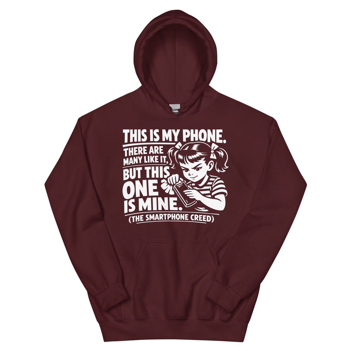 Maroon pullover hoodie, front view, showing a mockup for Smartphone Creed retro woman holding a phone and statement lettering.