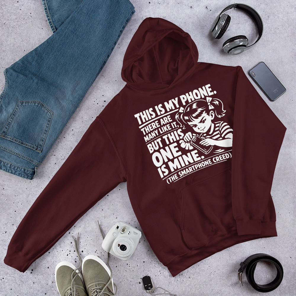 Maroon pullover hoodie, front view, showing a mockup for Smartphone Creed retro woman holding a phone and statement lettering.