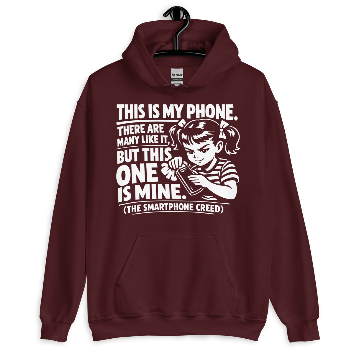 Maroon pullover hoodie, front view, showing a mockup for Smartphone Creed retro woman holding a phone and statement lettering.