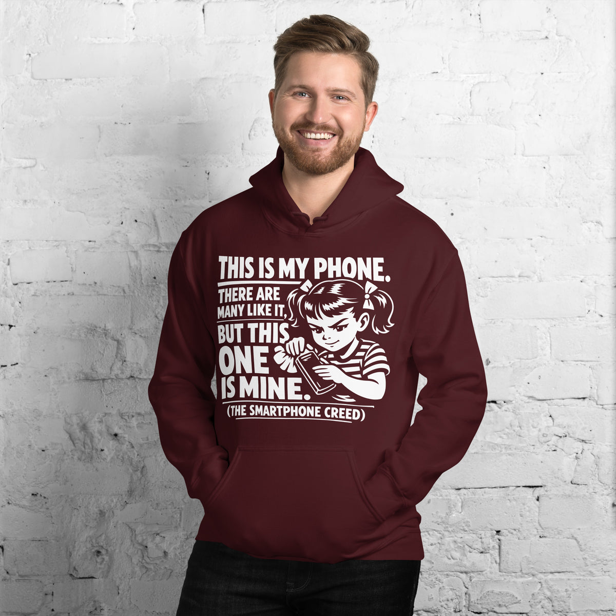 Maroon pullover hoodie, front view, showing a mockup for Smartphone Creed retro woman holding a phone and statement lettering.