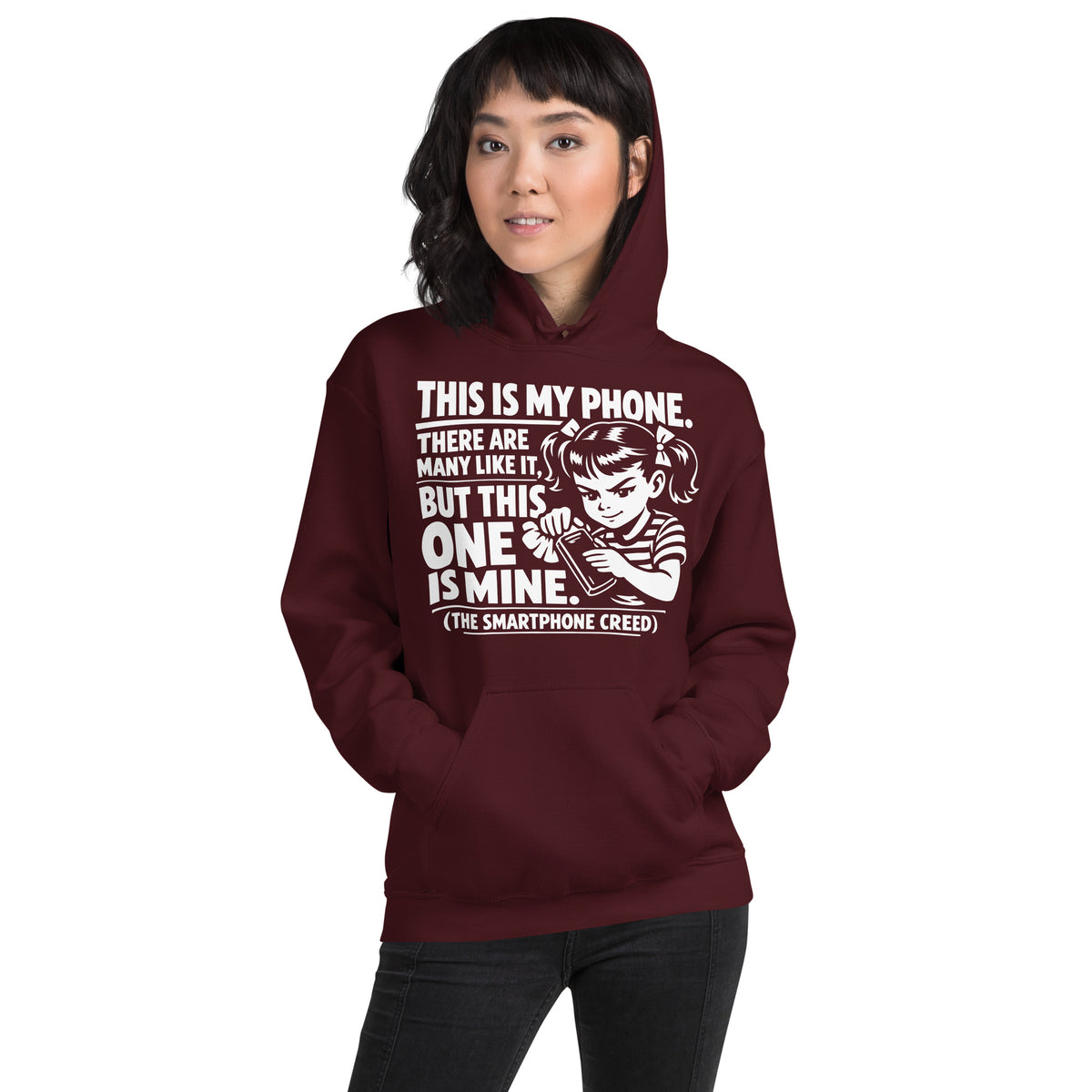 Maroon pullover hoodie, front view, showing a mockup for Smartphone Creed retro woman holding a phone and statement lettering.
