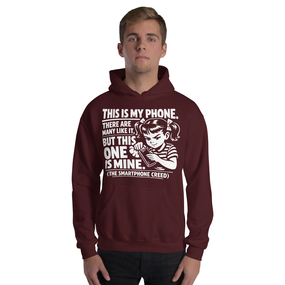 Maroon pullover hoodie, front view, showing a mockup for Smartphone Creed retro woman holding a phone and statement lettering.
