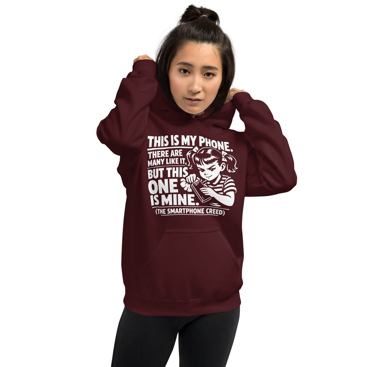 Maroon pullover hoodie, front view, showing a mockup for Smartphone Creed retro woman holding a phone and statement lettering.