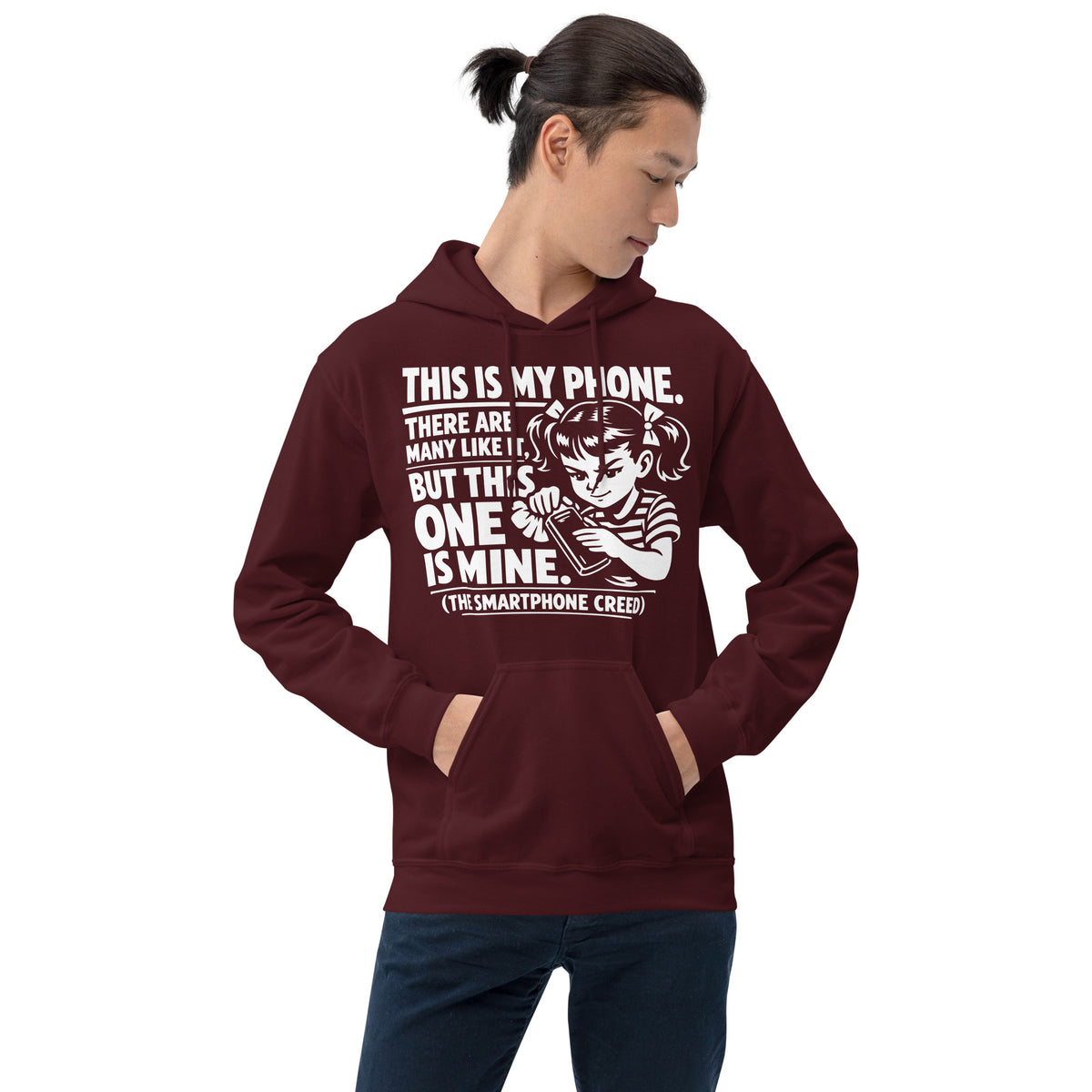 Maroon pullover hoodie, front view, showing a mockup for Smartphone Creed retro woman holding a phone and statement lettering.