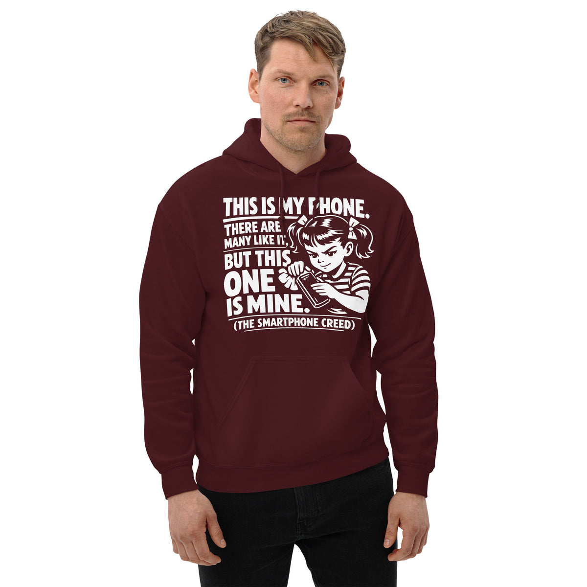 Maroon pullover hoodie, front view, showing a mockup for Smartphone Creed retro woman holding a phone and statement lettering.