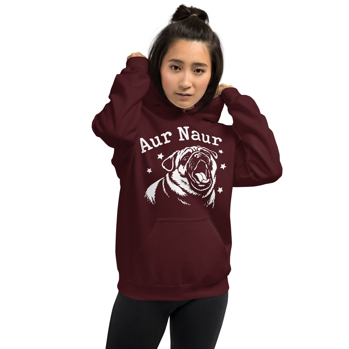 Maroon pullover hoodie, front view, featuring Aur Naur white pug portrait and star-accented lettering.