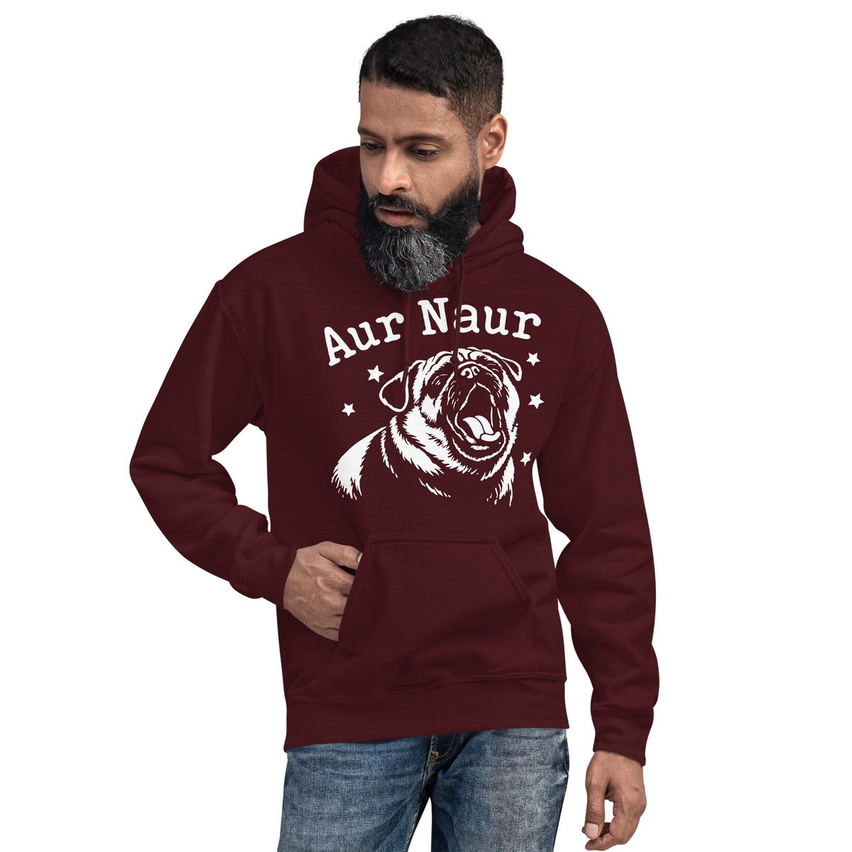 Maroon pullover hoodie, front view, featuring Aur Naur white pug portrait and star-accented lettering.