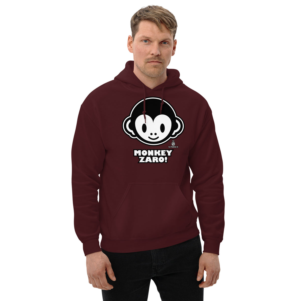 Maroon pullover hoodie, front view, featuring Monkey Zaro! white cartoon monkey face and lettering.