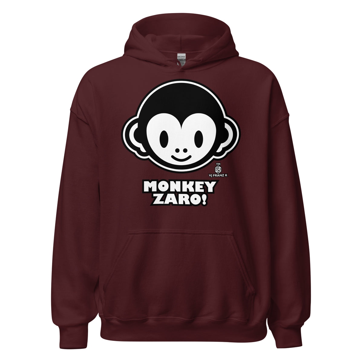 Maroon pullover hoodie, front view, featuring Monkey Zaro! white cartoon monkey face and lettering.