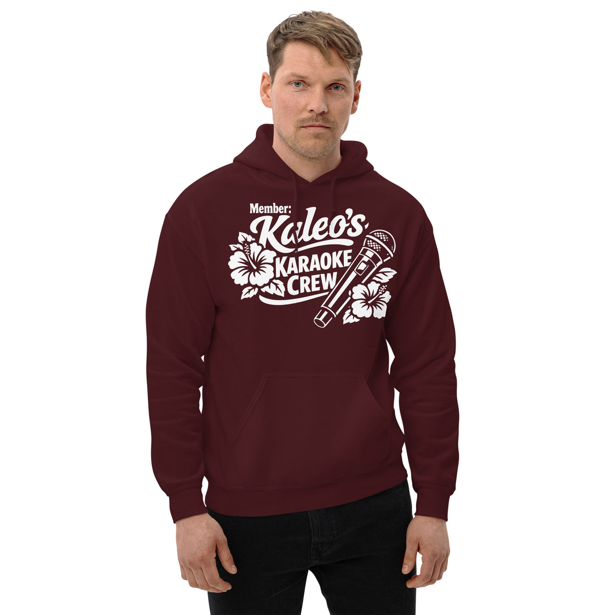 Maroon pullover hoodie, front view, featuring Kaleo's Karaoke Crew lettering, microphone, and hibiscus flowers.