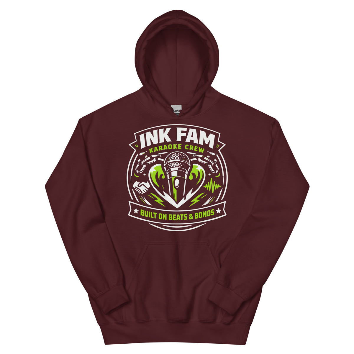 Maroon pullover hoodie, front view, featuring DJ Ink Beats & Bonds shield with a microphone and green-and-white lettering.