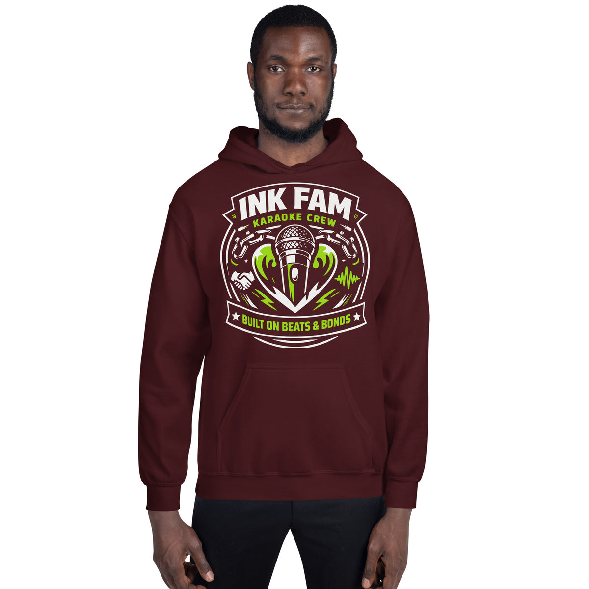 Maroon pullover hoodie, front view, featuring DJ Ink Beats & Bonds shield with a microphone and green-and-white lettering.