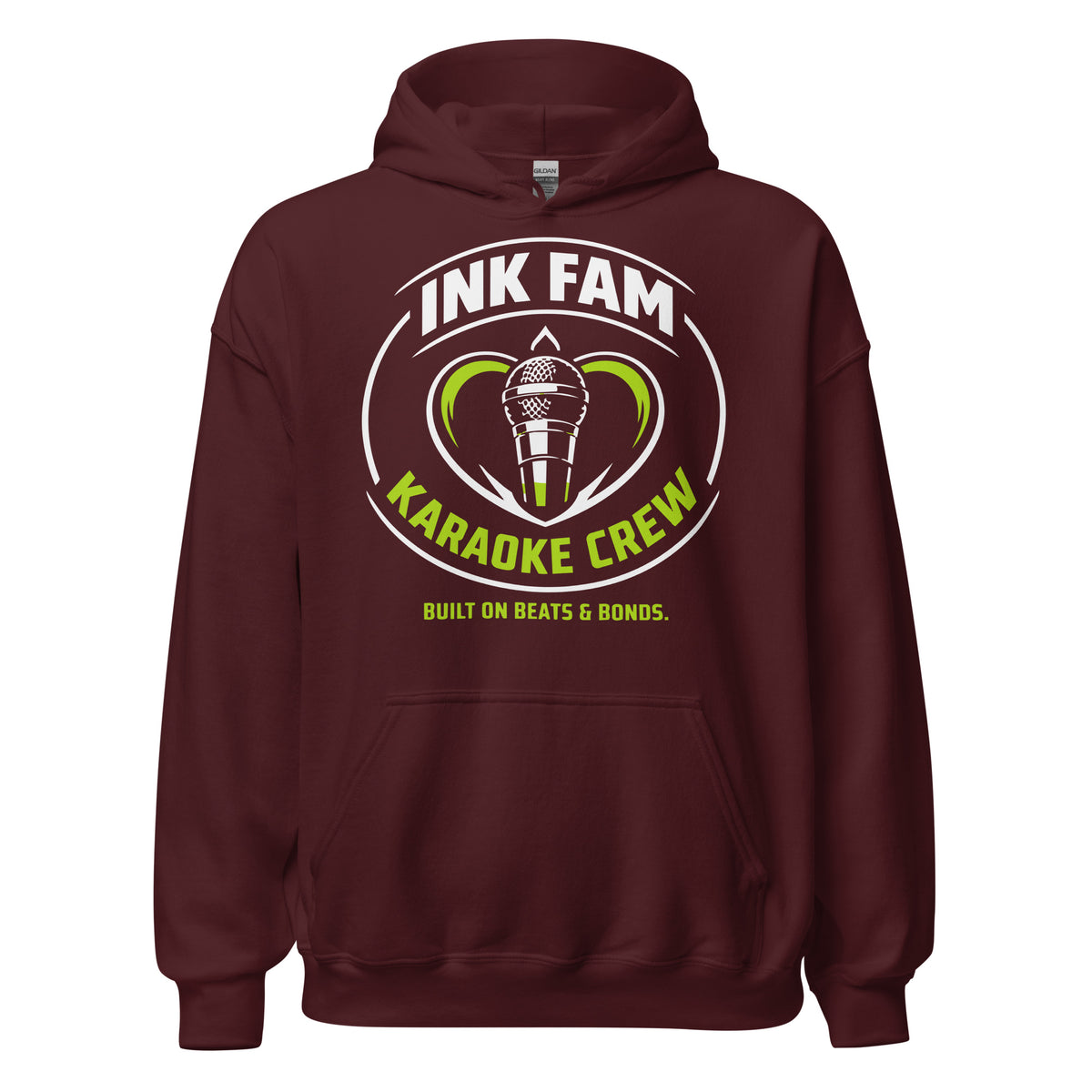 Maroon pullover hoodie, front view, featuring the green-and-white circular DJ Ink Fam microphone badge.