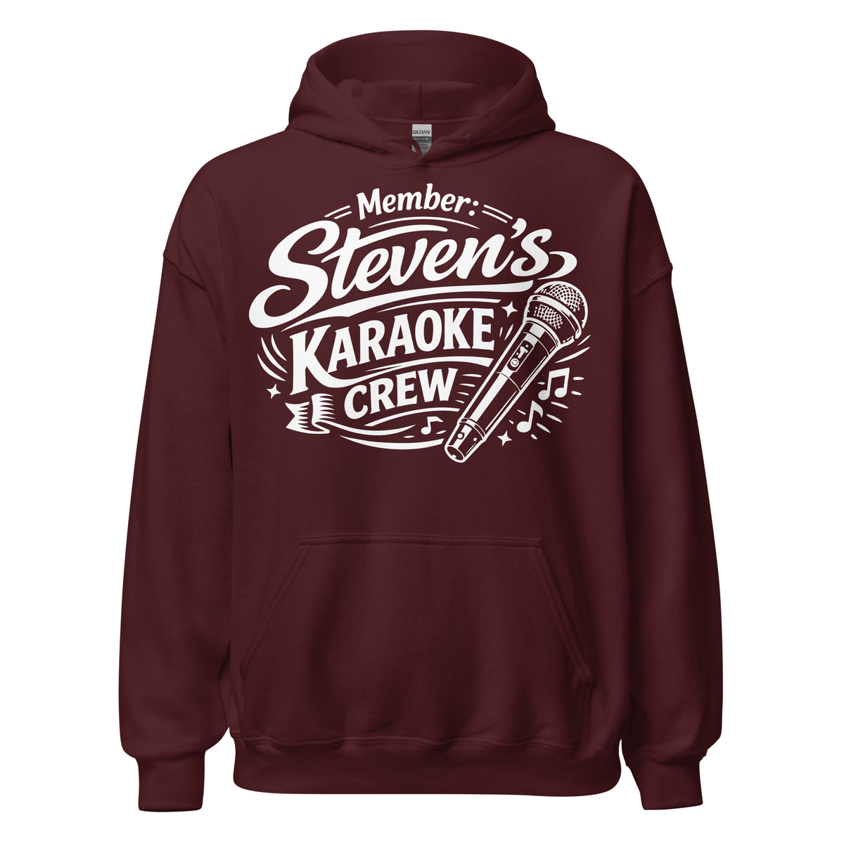 Maroon pullover hoodie, front view, featuring Steven's Karaoke Crew lettering and microphone graphic.