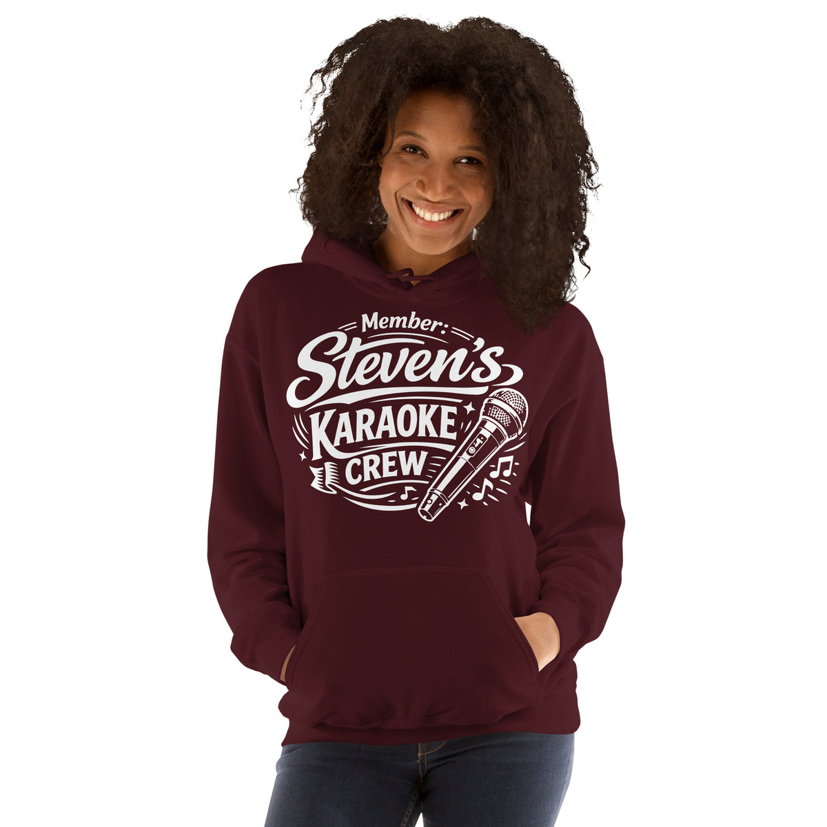 Maroon pullover hoodie, front view, featuring Steven's Karaoke Crew lettering and microphone graphic.