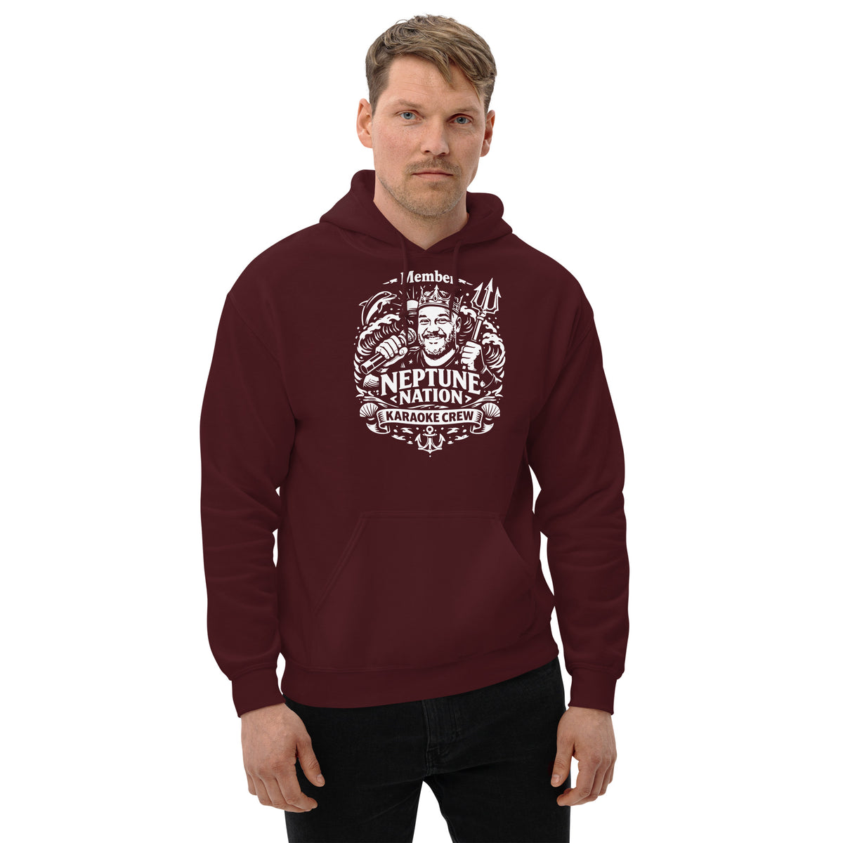 Maroon pullover hoodie, front view, featuring KJ Neptune's Neptune Nation nautical microphone and trident badge.