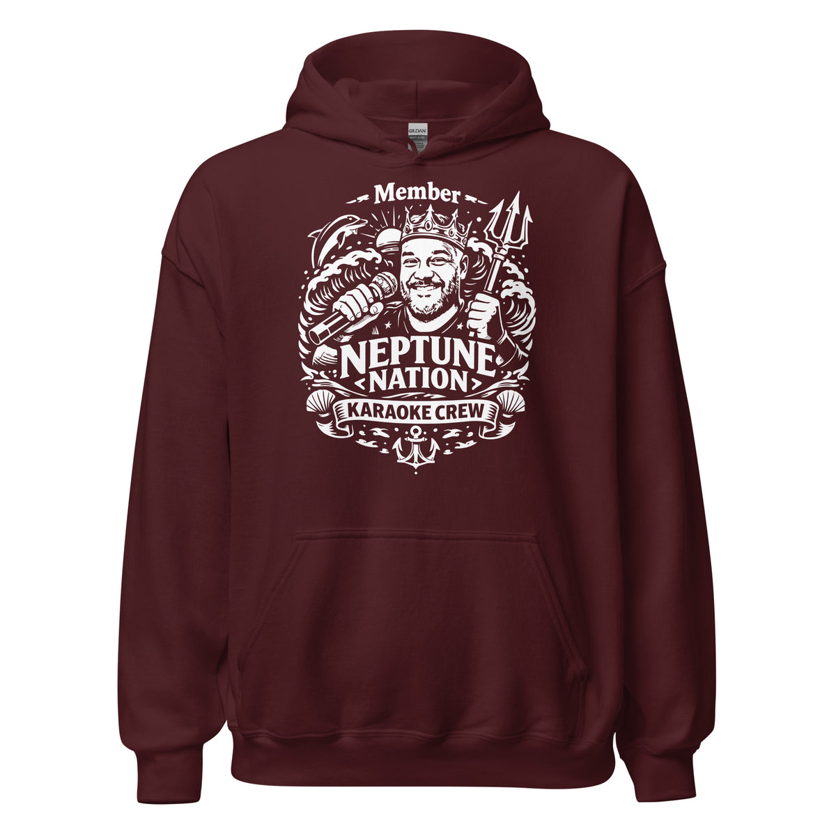 Maroon pullover hoodie, front view, featuring KJ Neptune's Neptune Nation nautical microphone and trident badge.