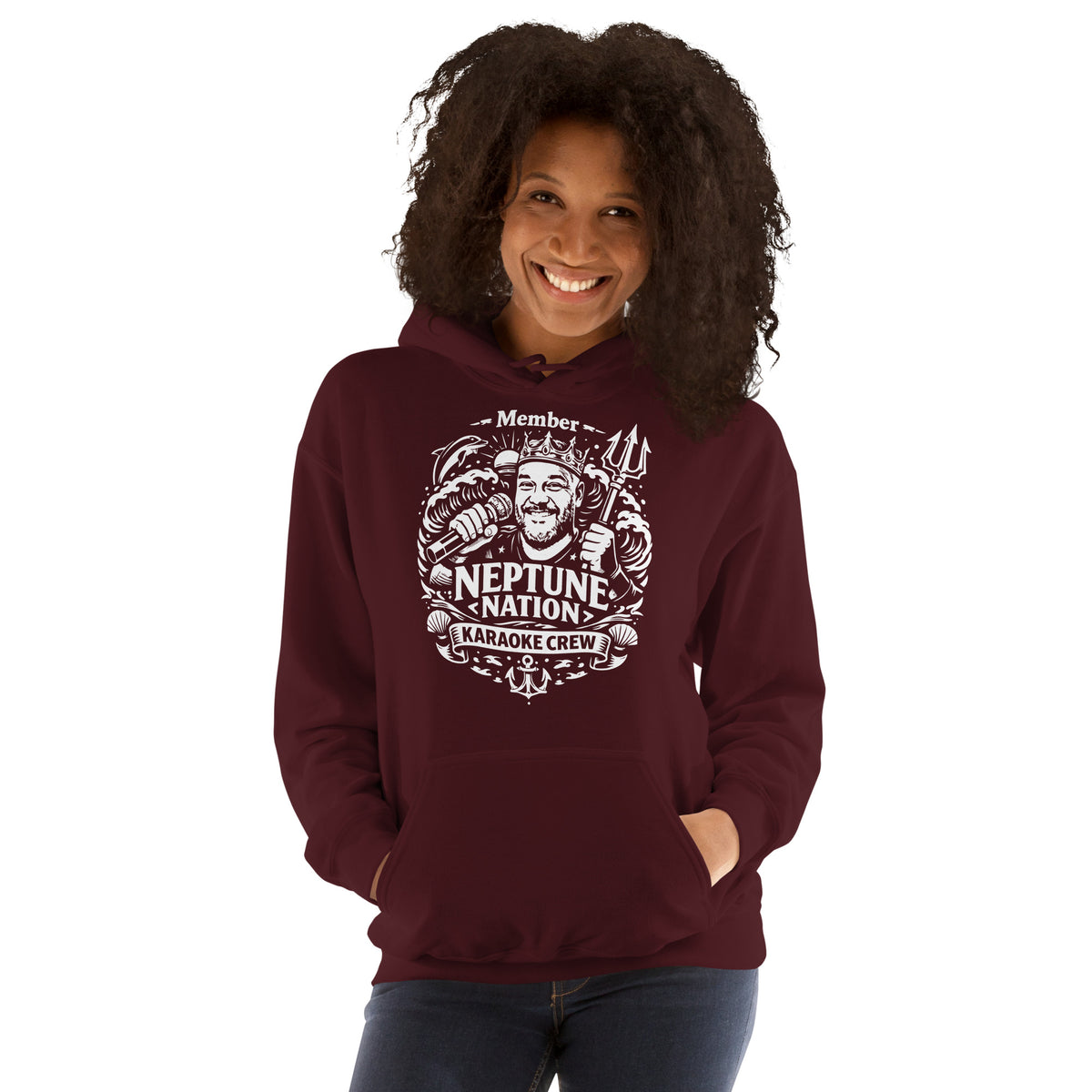 Maroon pullover hoodie, front view, featuring KJ Neptune's Neptune Nation nautical microphone and trident badge.