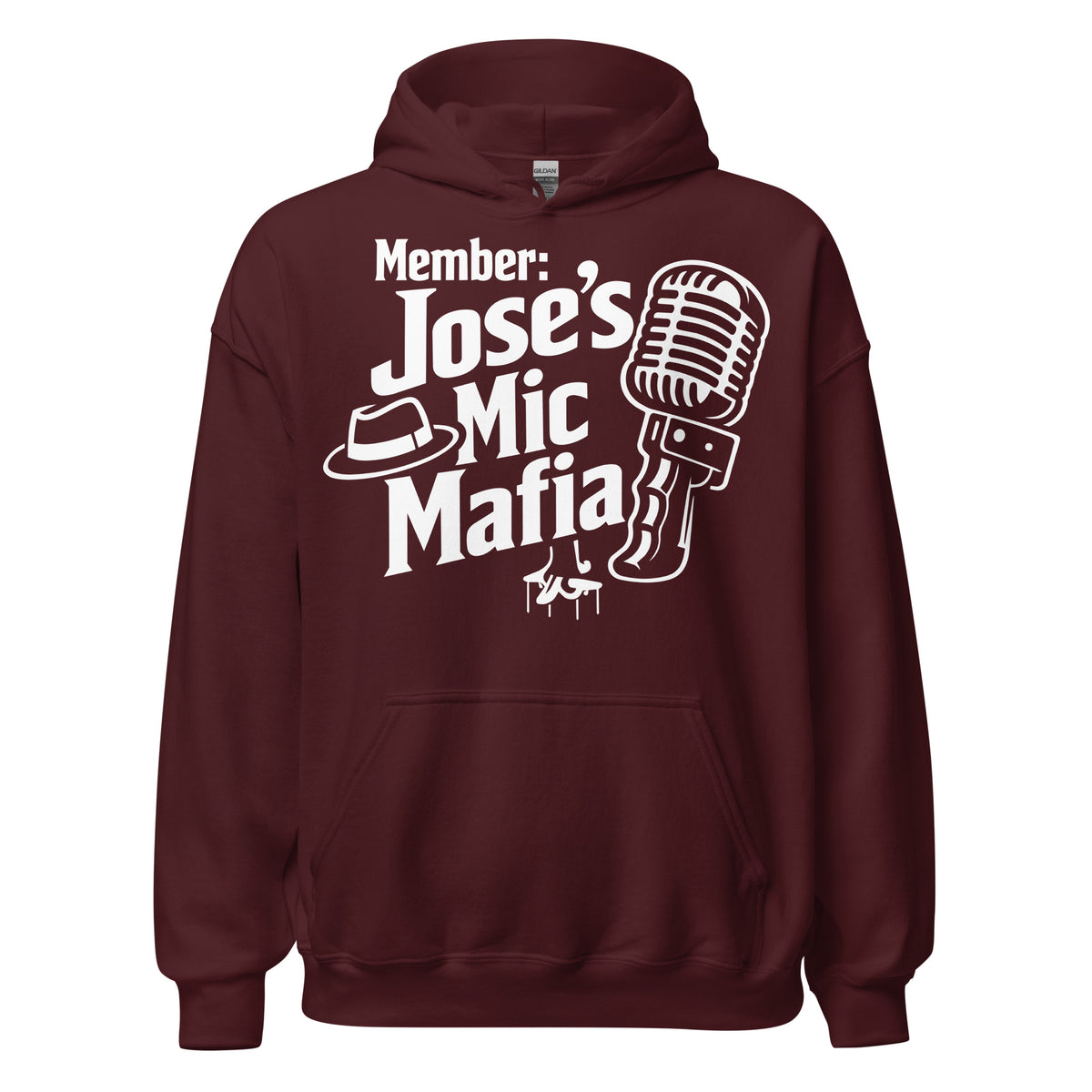 Maroon pullover hoodie, front view, featuring Jose's Mic Mafia microphone and fedora design.