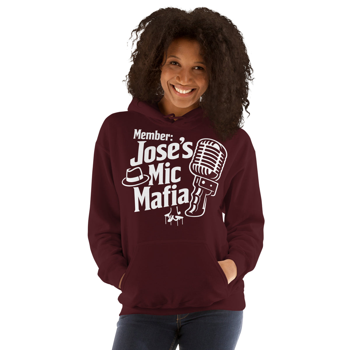 Maroon pullover hoodie, front view, featuring Jose's Mic Mafia microphone and fedora design.