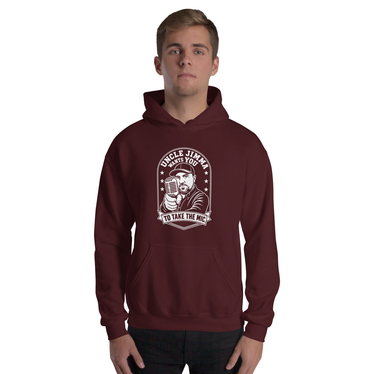 Maroon pullover hoodie, front view, featuring Uncle Jimma Wants You to Take the Mic pointing portrait and microphone.