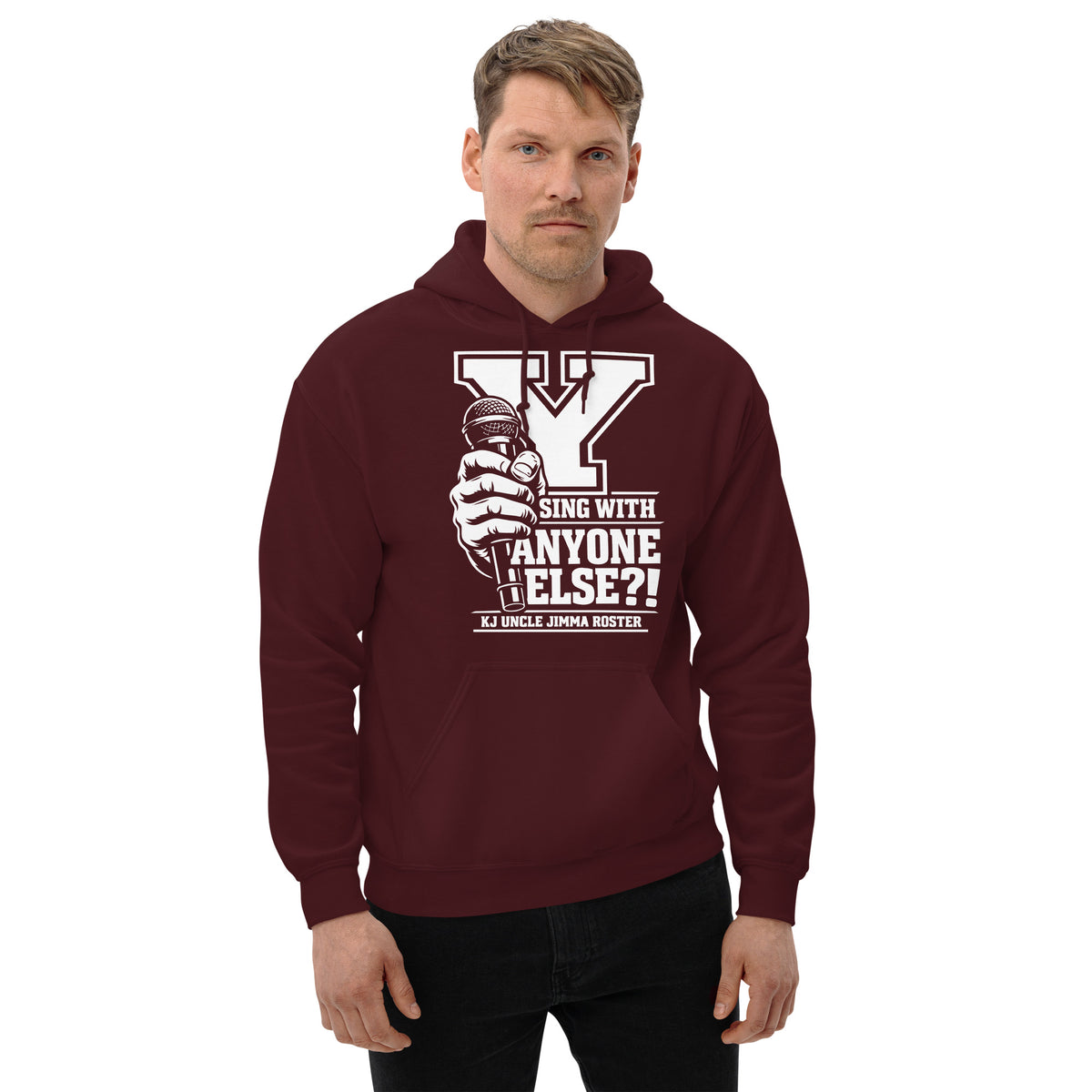 Maroon pullover hoodie, front view, featuring Uncle Jimma Roster Anthem varsity Y with hand-held microphone.