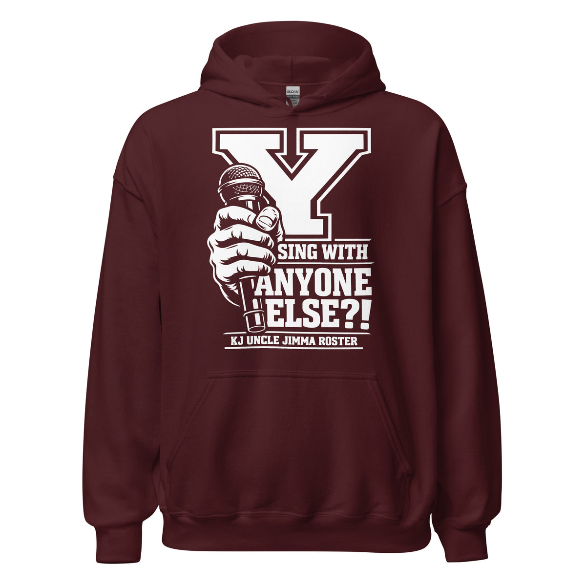 Maroon pullover hoodie, front view, featuring Uncle Jimma Roster Anthem varsity Y with hand-held microphone.