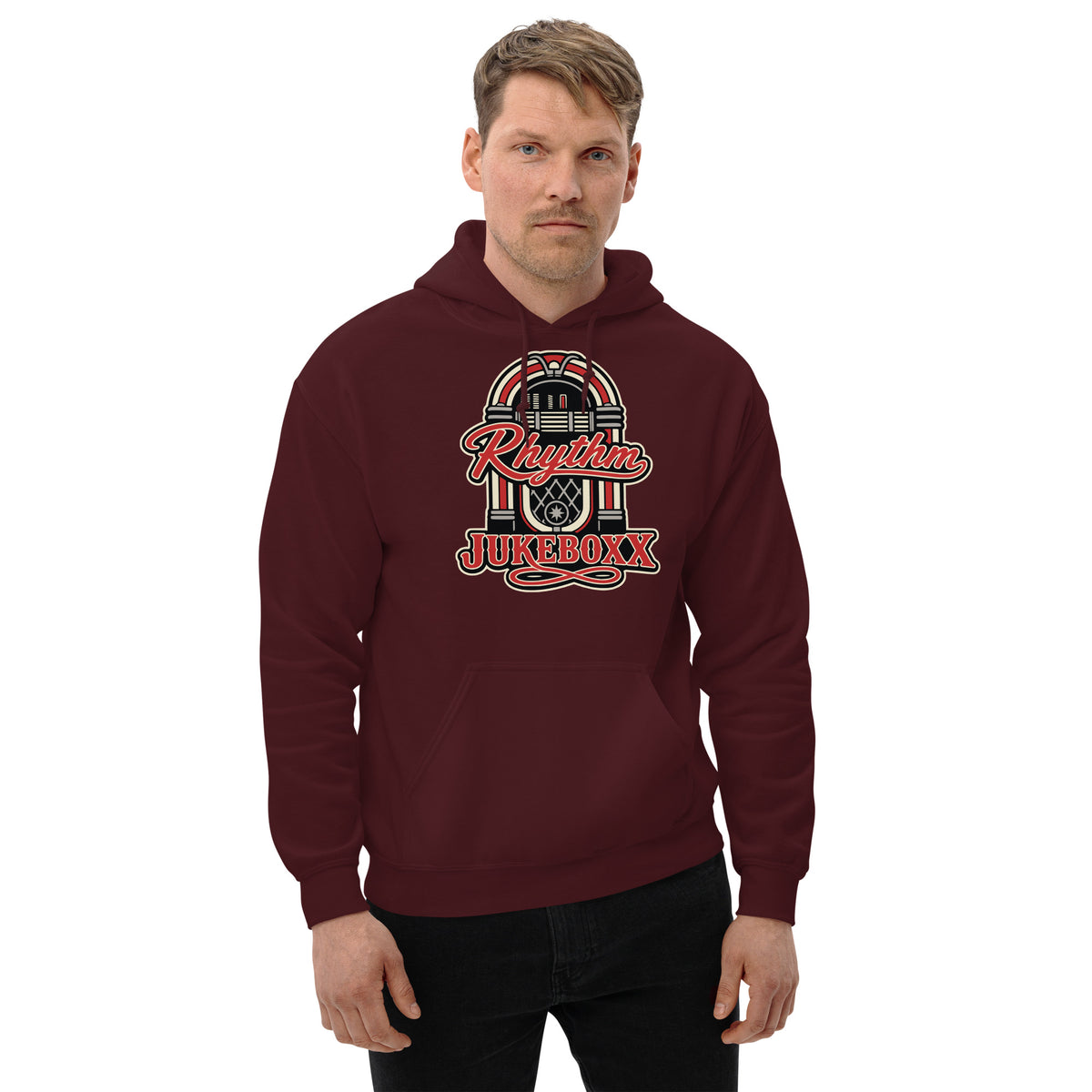 Maroon pullover hoodie, front view, featuring Rhythm Jukeboxx red-and-cream retro jukebox graphic.