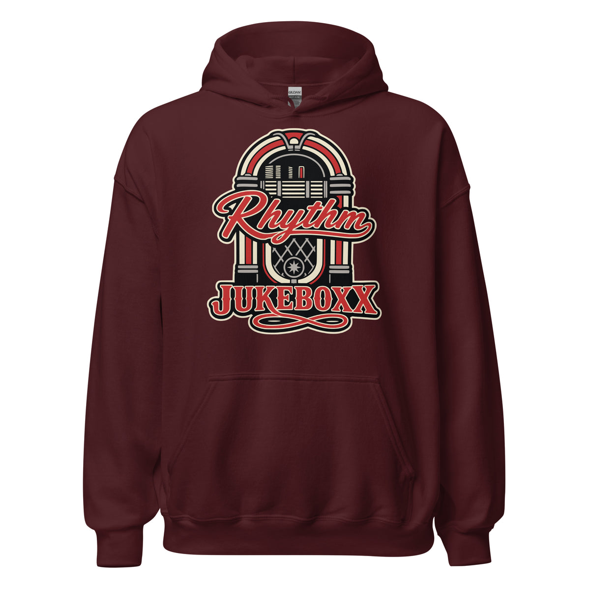 Maroon pullover hoodie, front view, featuring Rhythm Jukeboxx red-and-cream retro jukebox graphic.