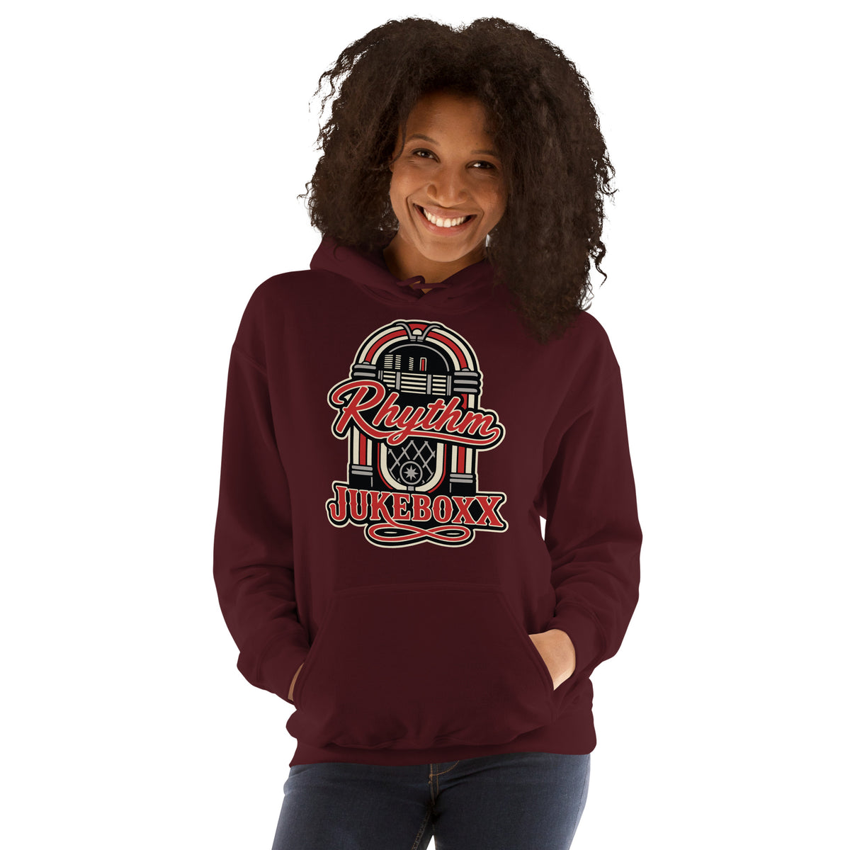 Maroon pullover hoodie, front view, featuring Rhythm Jukeboxx red-and-cream retro jukebox graphic.