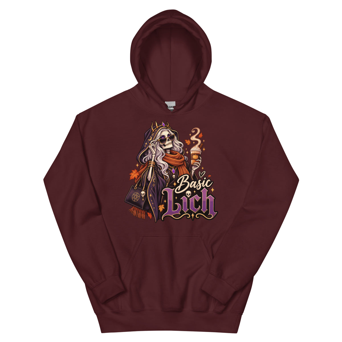 Maroon pullover hoodie, front view, featuring the Basic Lich pumpkin spice skeleton design