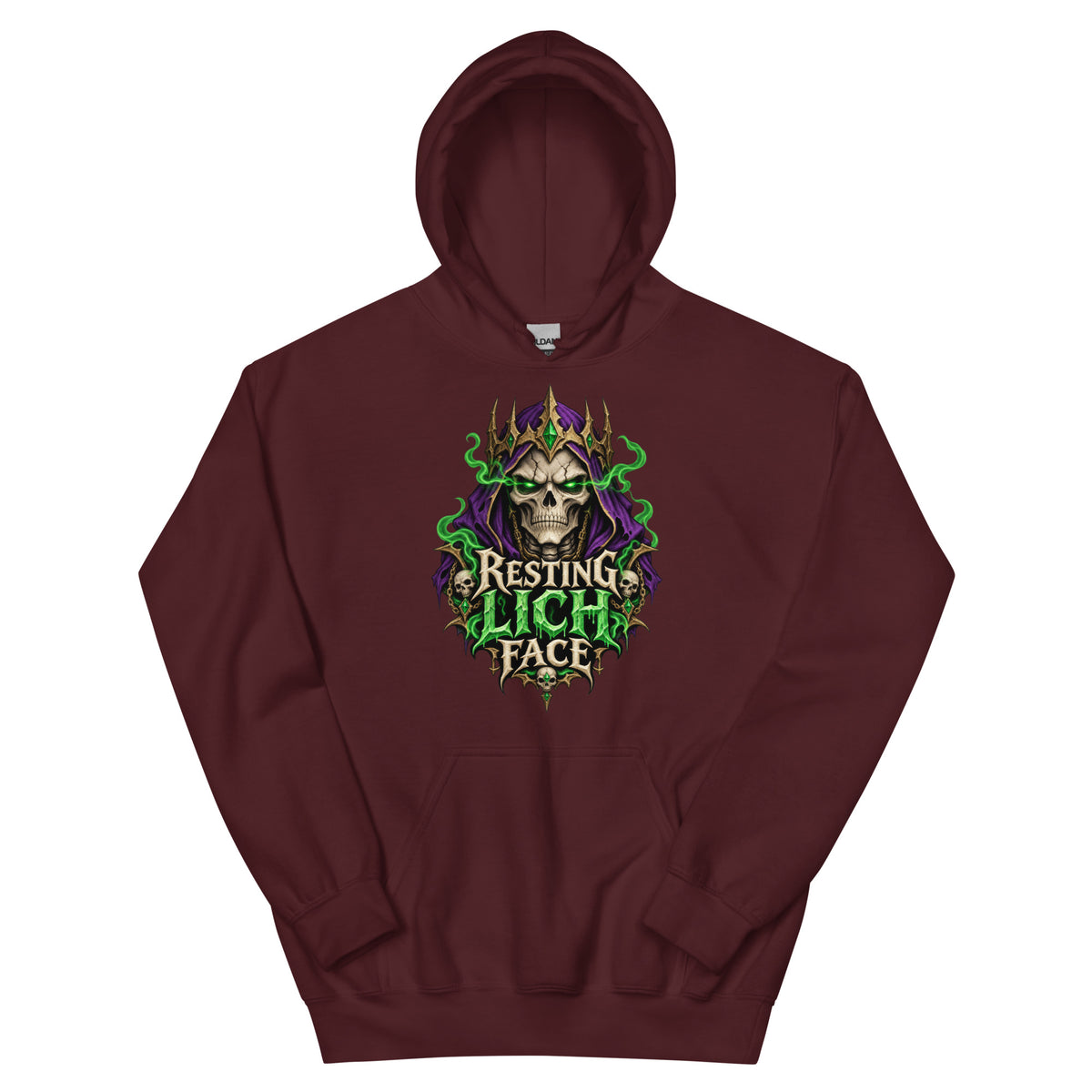 Maroon pullover hoodie, front view, featuring the Resting Lich Face crowned skull lich design