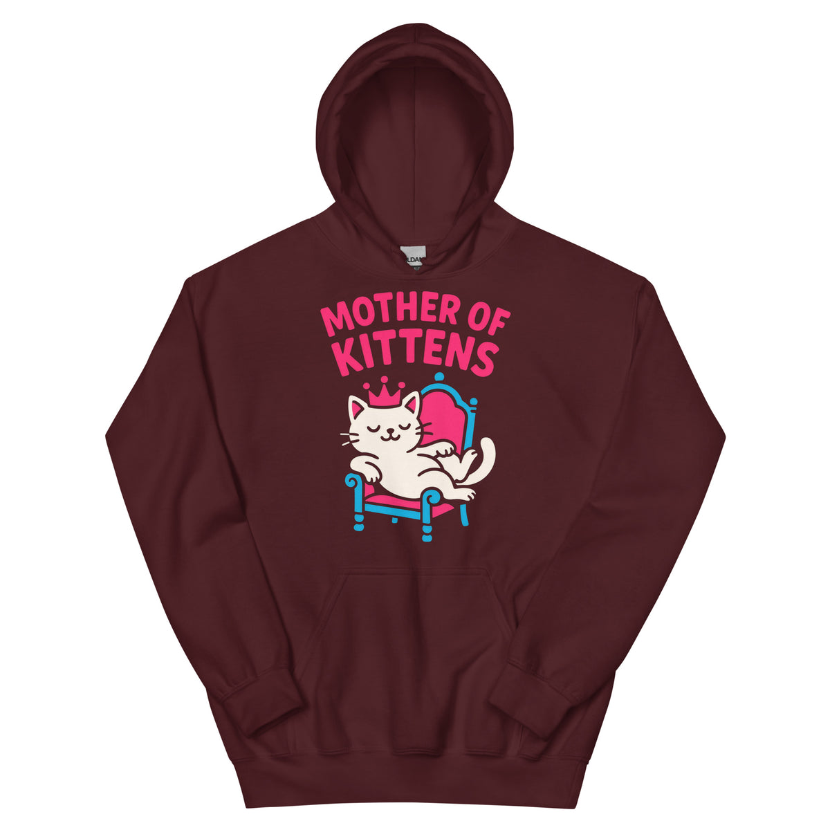 Maroon pullover hoodie, front view, featuring the Mother of Kittens Queen Cat design