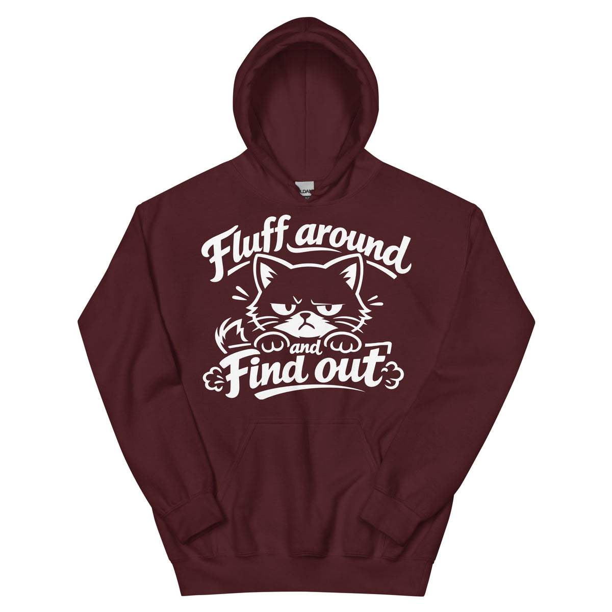 Maroon pullover hoodie, front view, featuring the Fluff Around and Find Out grumpy cat design