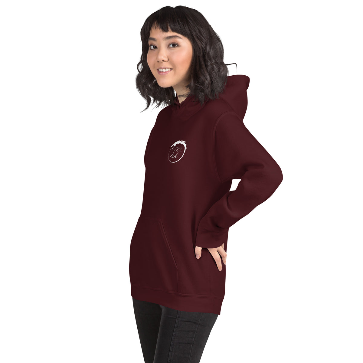 Maroon pullover hoodie, left-front angled view, featuring DJ Ink white Ouroboros dragon-circle logo.