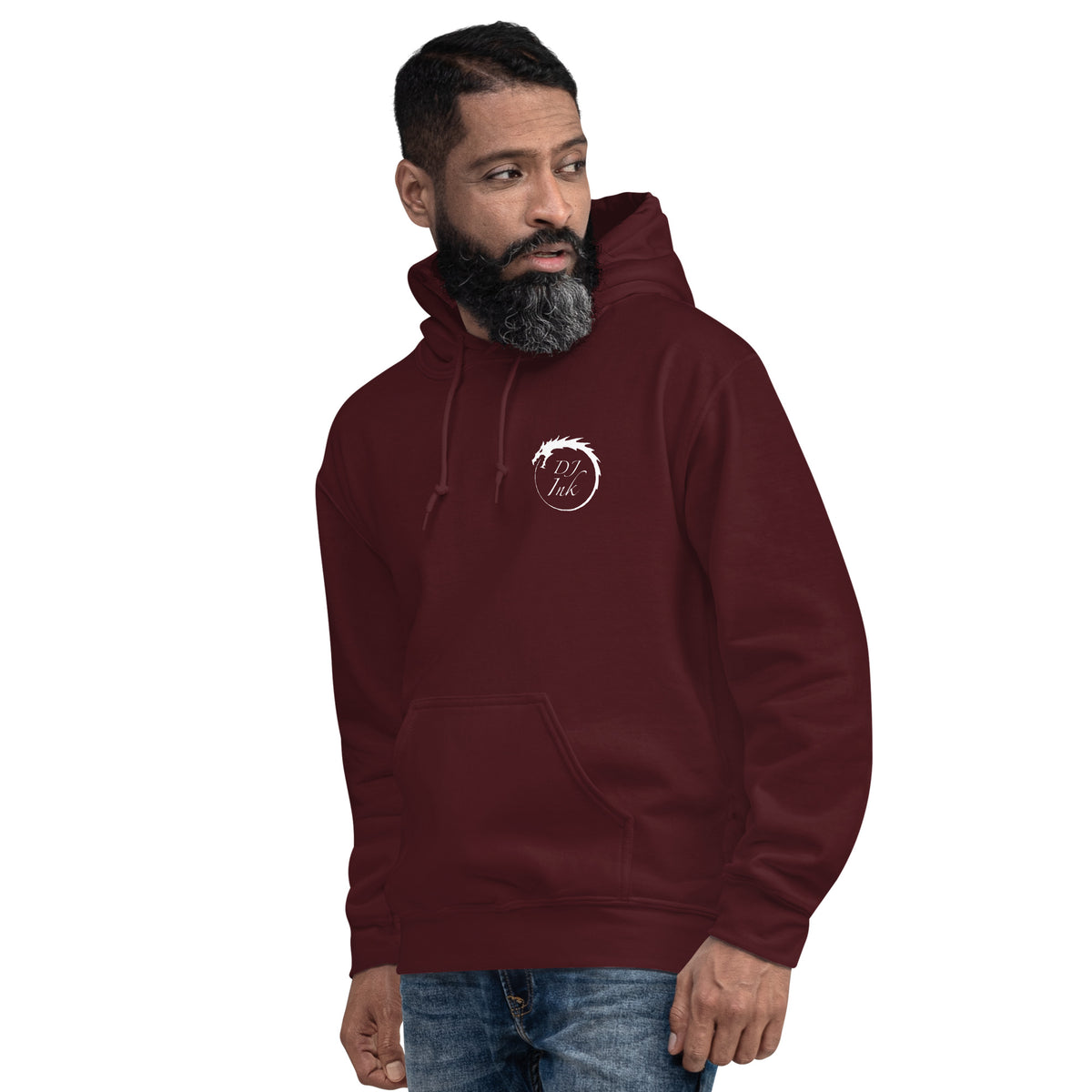 Maroon pullover hoodie, left-front angled view, featuring DJ Ink white Ouroboros dragon-circle logo.