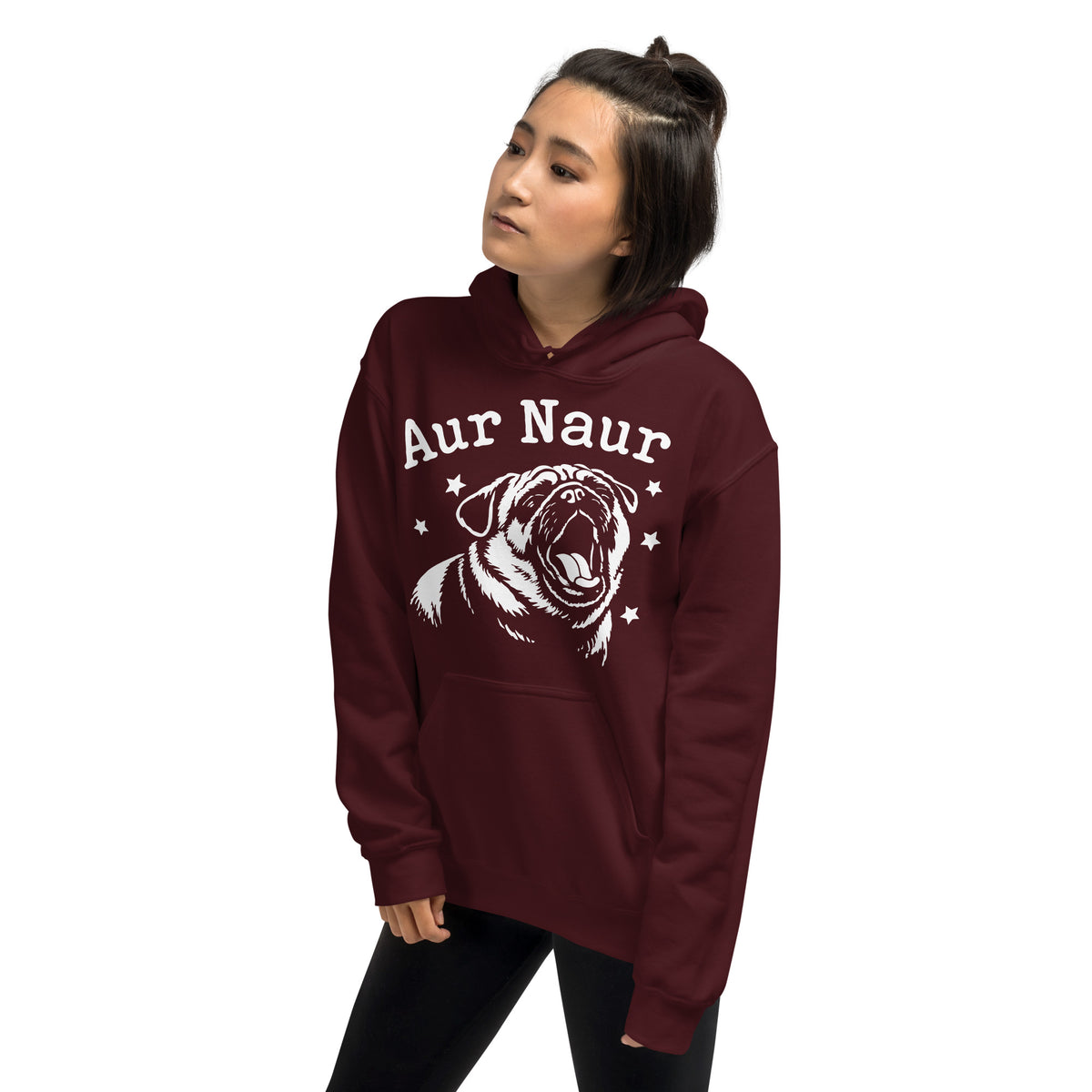Maroon pullover hoodie, left-front angled view, featuring Aur Naur white pug portrait and star-accented lettering.