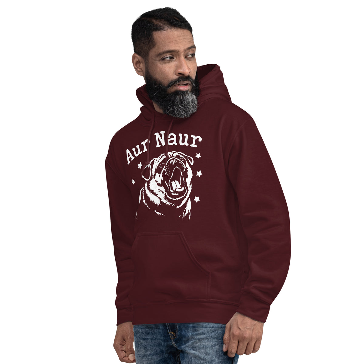 Maroon pullover hoodie, left-front angled view, featuring Aur Naur white pug portrait and star-accented lettering.