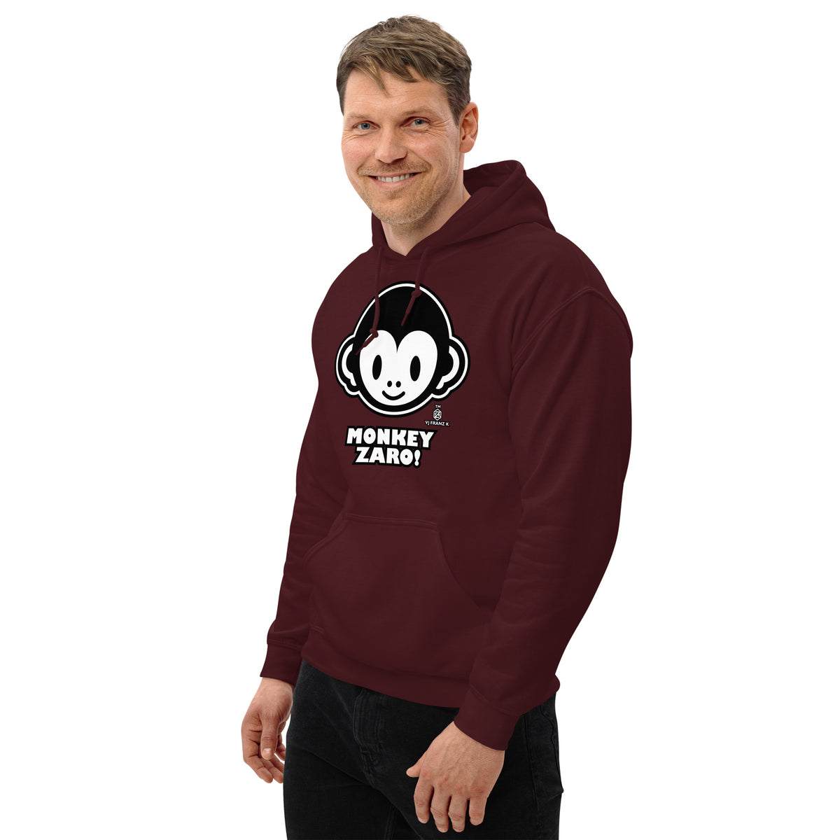 Maroon pullover hoodie, left-front angled view, featuring Monkey Zaro! white cartoon monkey face and lettering.