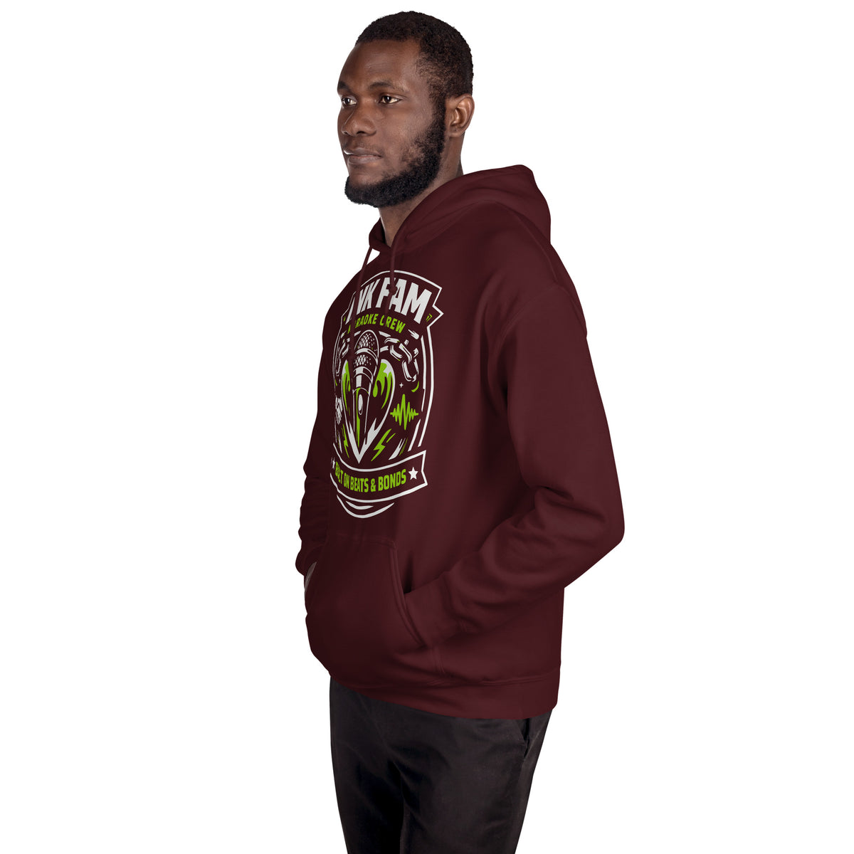 Maroon pullover hoodie, left-front angled view, featuring DJ Ink Beats & Bonds shield with a microphone and green-and-white lettering.